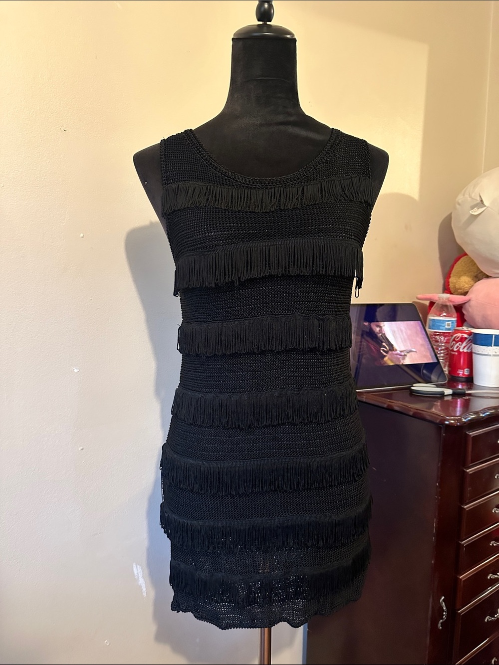 Forever 21 Black Crochet Knit Swim Cover Up Fringe Front Mini Dress
